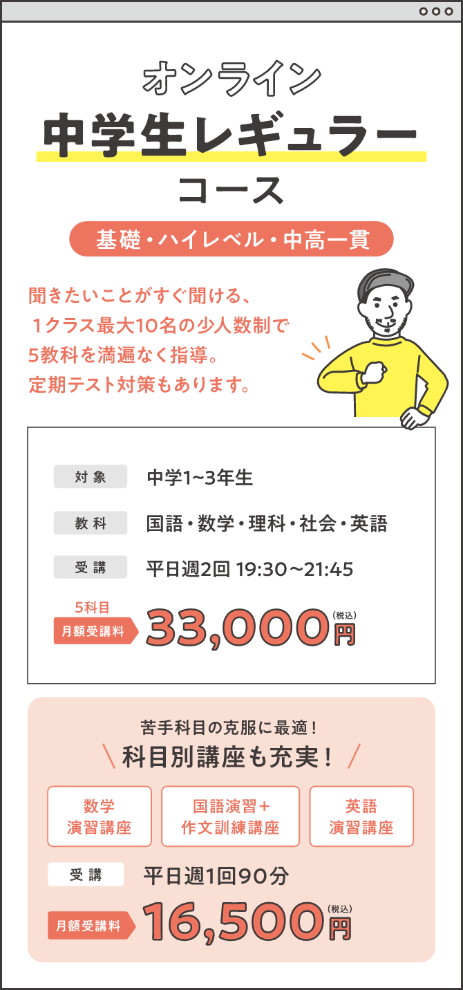 オンライン 中学生レギュラーコース 基礎・ハイレベル・中高一貫 聞きたいことがすぐ聞ける、1クラス最大10名の少人数制で5教科をまんべんなく指導。定期テスト対策もあります。