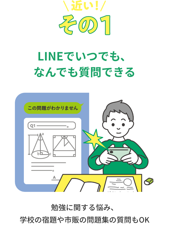 その1 LINEでいつでも、なんでも質問できる 勉強に関する悩み、学校の宿題や市販の問題集の質問もOK